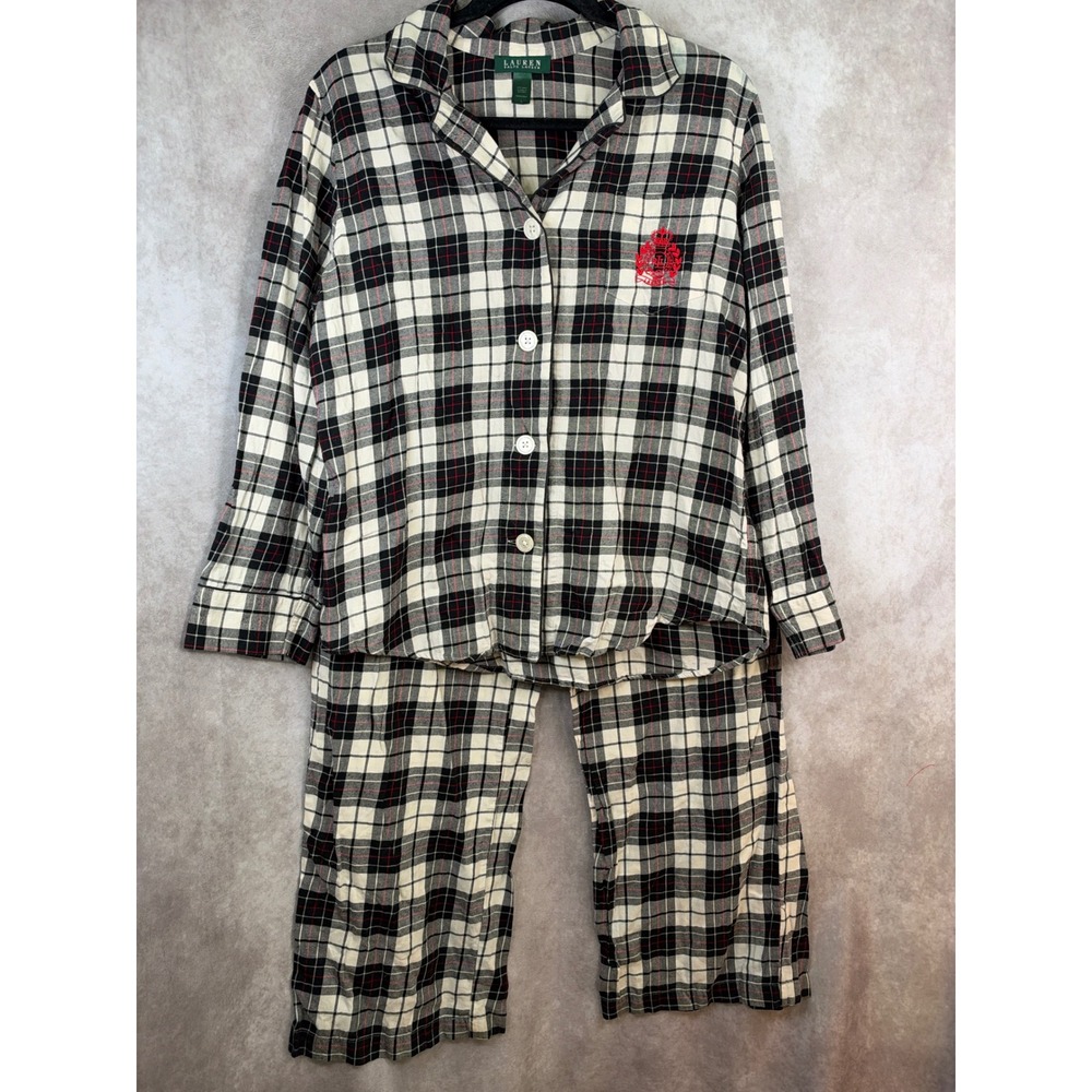 Lauren Ralph Lauren Pajama Set Womens Large Black White Red Plaid Cotton Crest